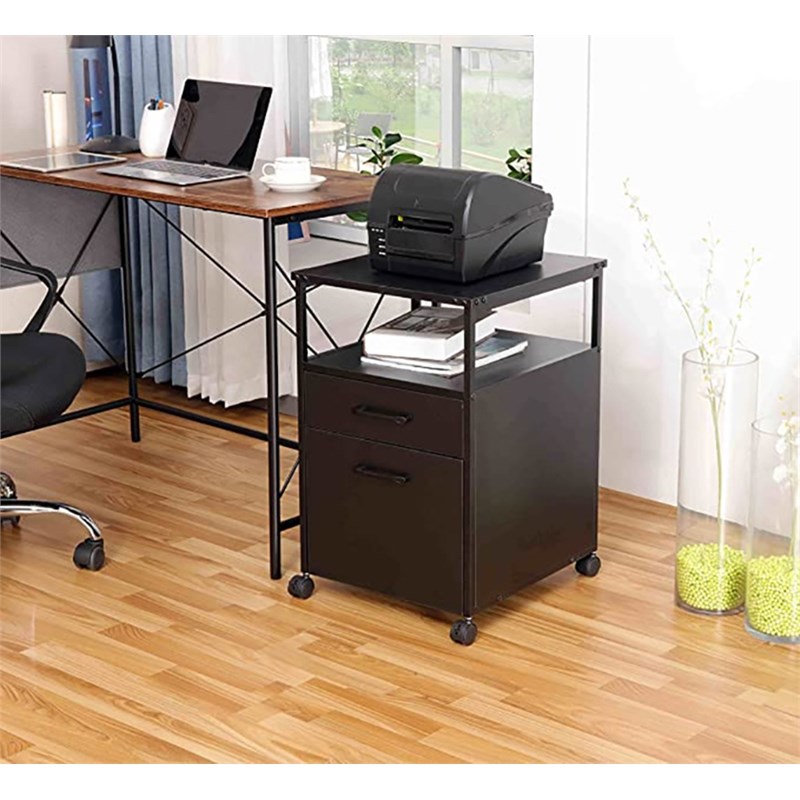 JJS Mobile Open Shelf Wood Home Office Filing Cabinet Printer Stand in Black