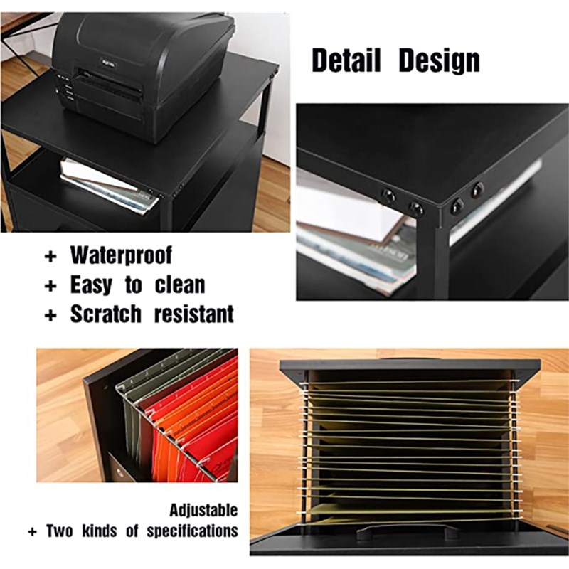 JJS Mobile Open Shelf Wood Home Office Filing Cabinet Printer Stand in Black