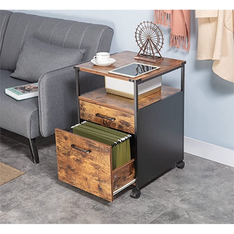 JJS Mobile Open Shelf Wood Home Office Filing Cabinet Printer Stand in Brown