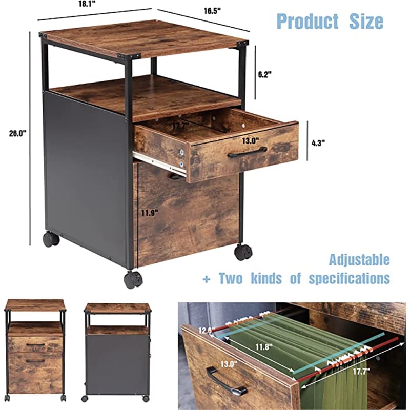 JJS Mobile Open Shelf Wood Home Office Filing Cabinet Printer Stand in Brown