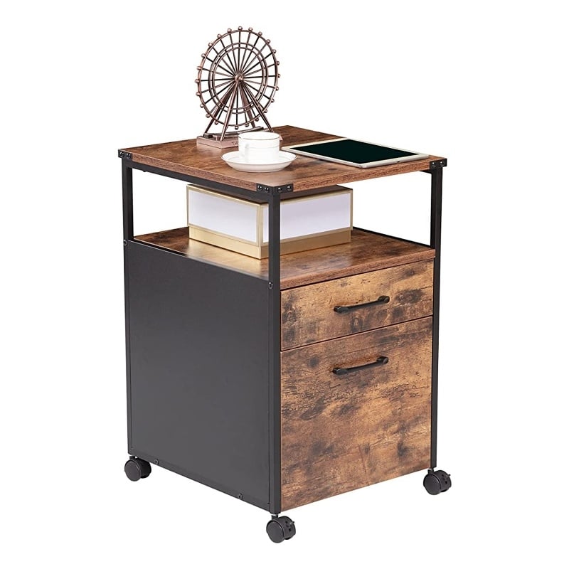 JJS Mobile Open Shelf Wood Home Office Filing Cabinet Printer Stand in Brown