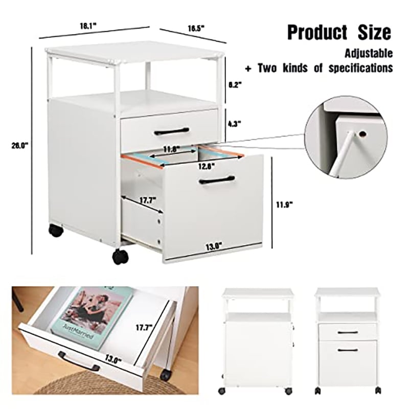JJS Mobile Open Shelf Wood Home Office Filing Cabinet Printer Stand in White