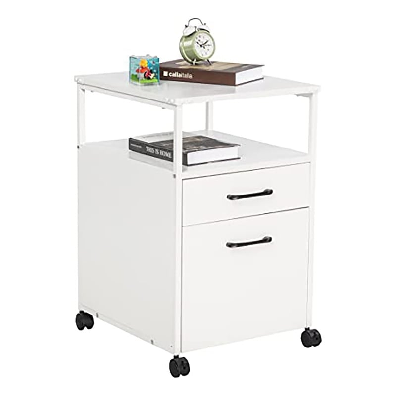 JJS Mobile Open Shelf Wood Home Office Filing Cabinet Printer Stand in White