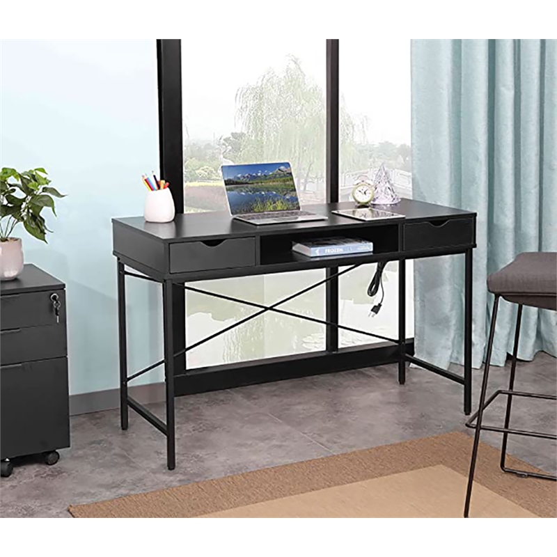 JJS Large Wood Writing Desk with Drawer USB Ports Charging Station in Black