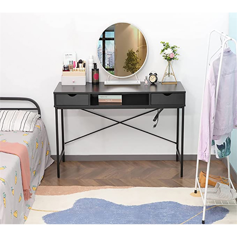 JJS Large Wood Writing Desk with Drawer USB Ports Charging Station in Black