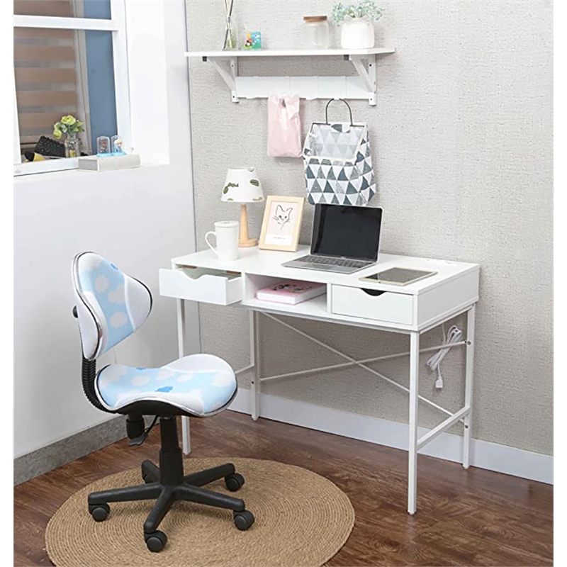 JJS Large Wood Writing Desk with Drawer USB Ports Charging Station in White