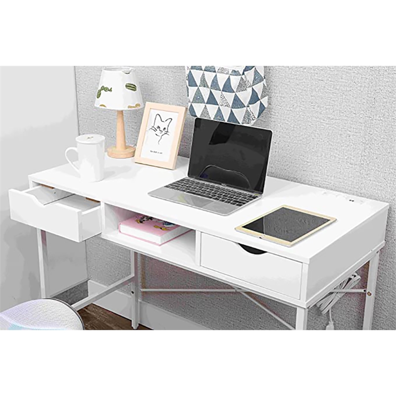 JJS Large Wood Writing Desk with Drawer USB Ports Charging Station in White