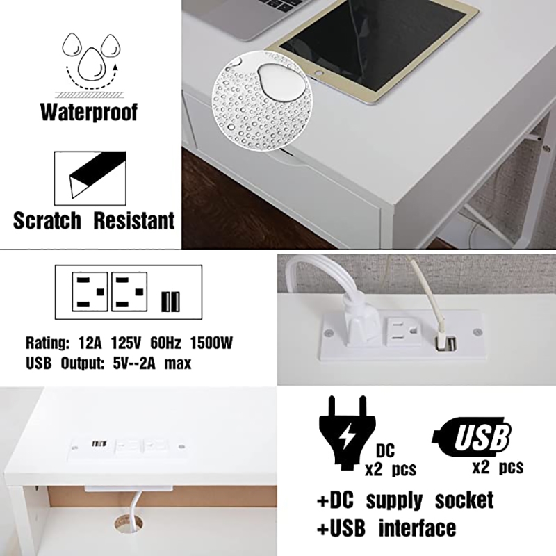 JJS Large Wood Writing Desk with Drawer USB Ports Charging Station in White
