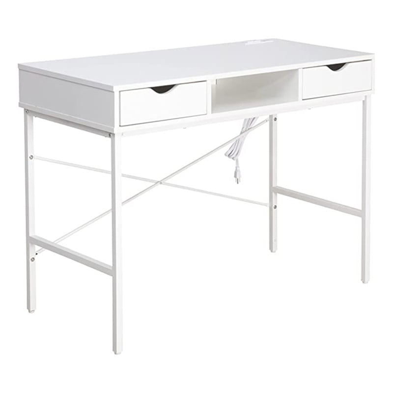 JJS Large Wood Writing Desk with Drawer USB Ports Charging Station in White