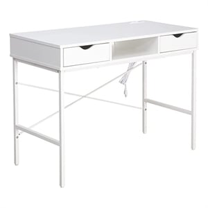 JJS Large Wood Writing Desk with Drawer USB Ports Charging Station in White
