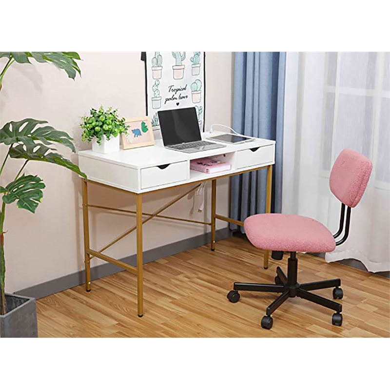 JJS Large Wood Writing Desk w/ Drawer USB Ports Charging Station in White/Golden