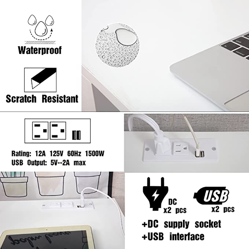 JJS Large Wood Writing Desk w/ Drawer USB Ports Charging Station in White/Golden