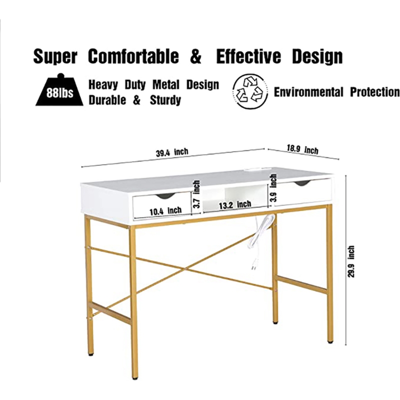 JJS Large Wood Writing Desk w/ Drawer USB Ports Charging Station in White/Golden