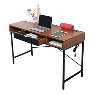 JJS 47.2&quot Large Wood Writing Desk w/ Drawer USB Ports Charging Station in Brown