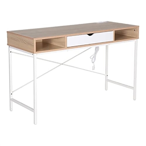JJS 47.2&quot Wood Writing Desk w/ Drawer USB Ports Charging Station in Oak/White