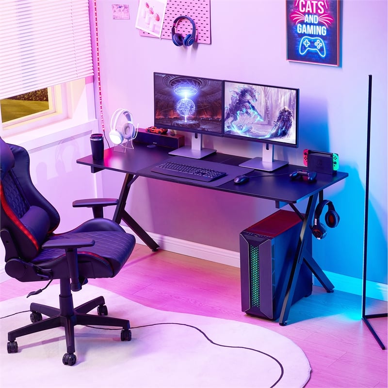 JJS 63 Inch Gaming Desk with USB Mouse Pad Black Engineered Wood