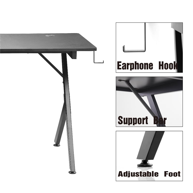 JJS 63 Inch Gaming Desk with USB Mouse Pad Black Engineered Wood