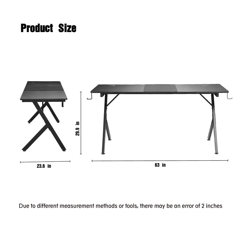 JJS 63 Inch Gaming Desk with USB Mouse Pad Black Engineered Wood