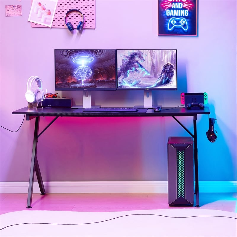 JJS 63 Inch Gaming Desk with USB Mouse Pad Black Engineered Wood
