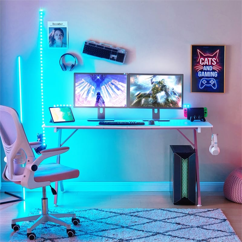 JJS 63 Inch Gaming Desk with USB Mouse Pad Pink White Engineered Wood