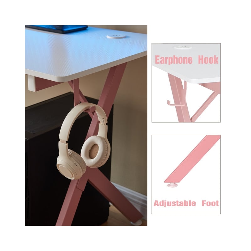 JJS 63 Inch Gaming Desk with USB Mouse Pad Pink White Engineered Wood