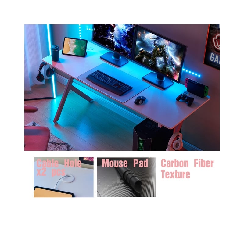 JJS 63 Inch Gaming Desk with USB Mouse Pad Pink White Engineered Wood