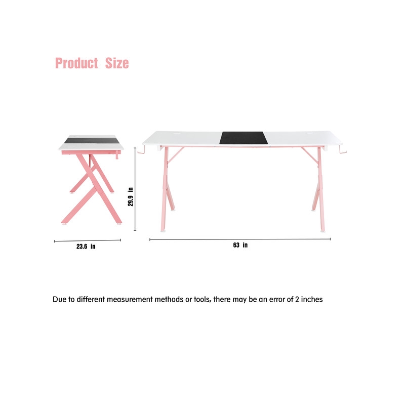 JJS 63 Inch Gaming Desk with USB Mouse Pad Pink White Engineered Wood