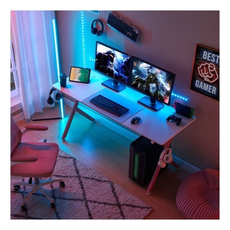 JJS 63 Inch Gaming Desk with USB Mouse Pad Pink White Engineered Wood