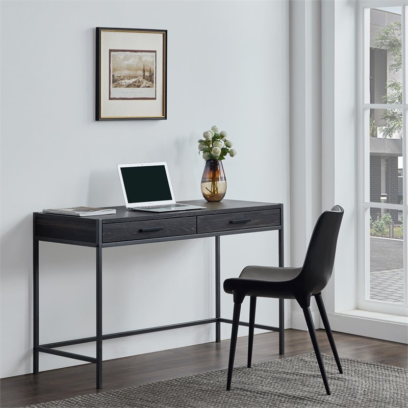 Caffoz 2-Drawer Wood/Metal Writing Desk with Shelve in Dark Brown