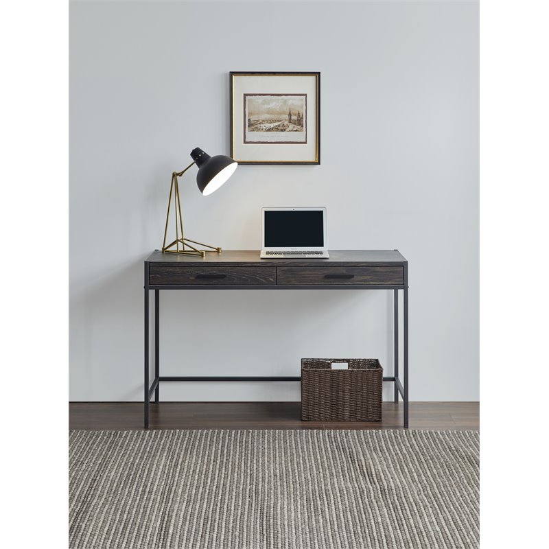 Caffoz 2-Drawer Wood/Metal Writing Desk with Shelve in Dark Brown