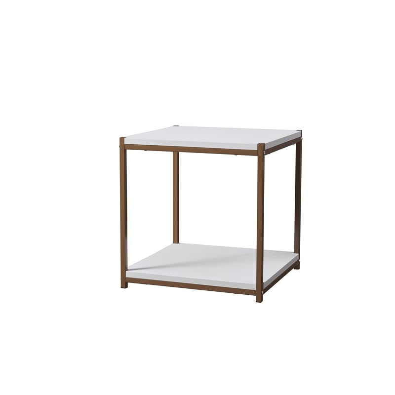 Caffoz Tall Wood/Metal Side End Table with Storage Shelf in White/Gold