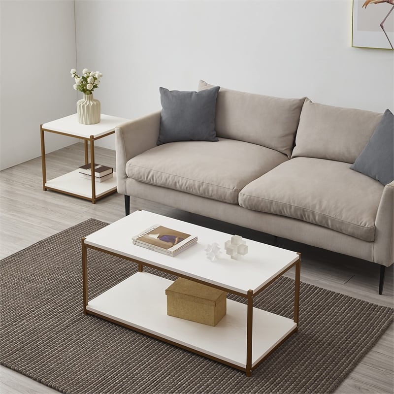 Caffoz Tall Wood/Metal Side End Table with Storage Shelf in White/Gold