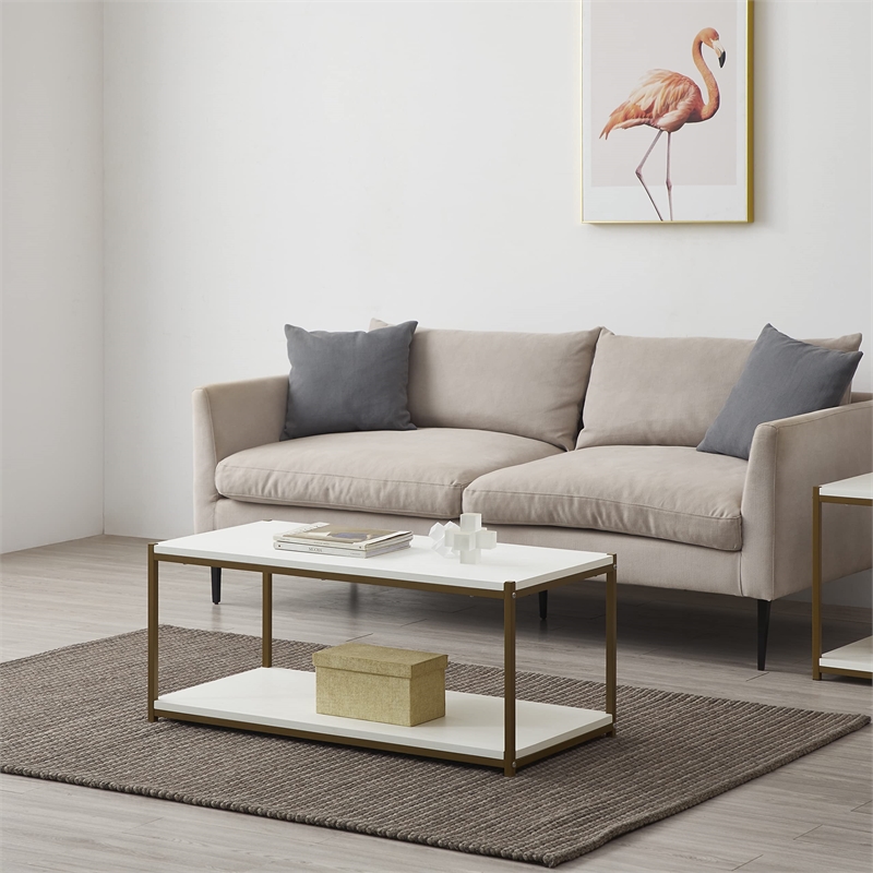 Caffoz Tall Wood/Metal Center Coffee Table with Storage Shelf in White/Gold