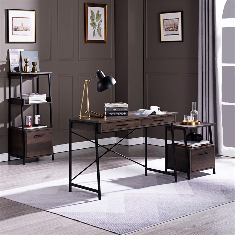 Caffoz Smith L-Shaped Wood Home Office Computer Corner Desk in Smoky Oak