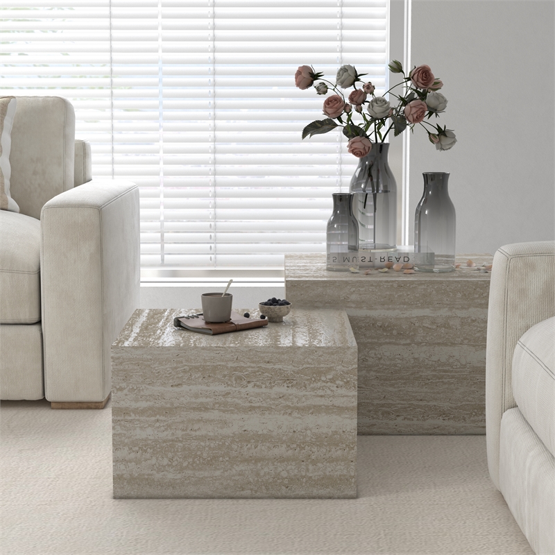 Caffoz Nesting Tables Set of 2-TravertineFaux Marble-Engineered Wood-No Assembly