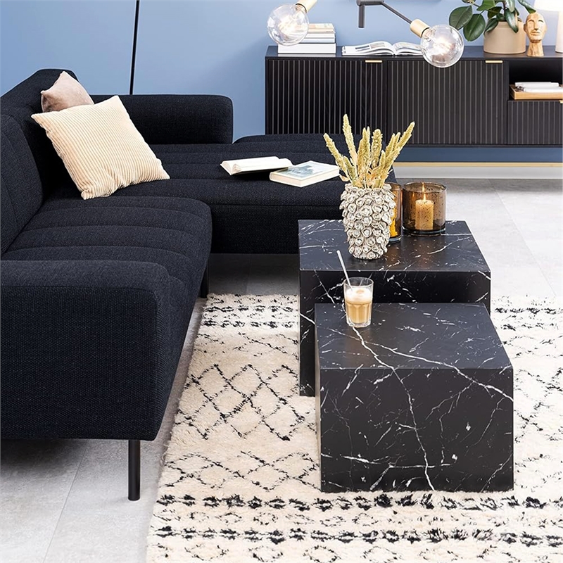 Caffoz Nesting Tables Set of 2-Black Faux Marble-Engineered Wood-No Assembly