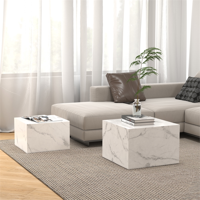 Caffoz Nesting Tables Set of 2-White Faux Marble-Engineered Wood-No Assembly