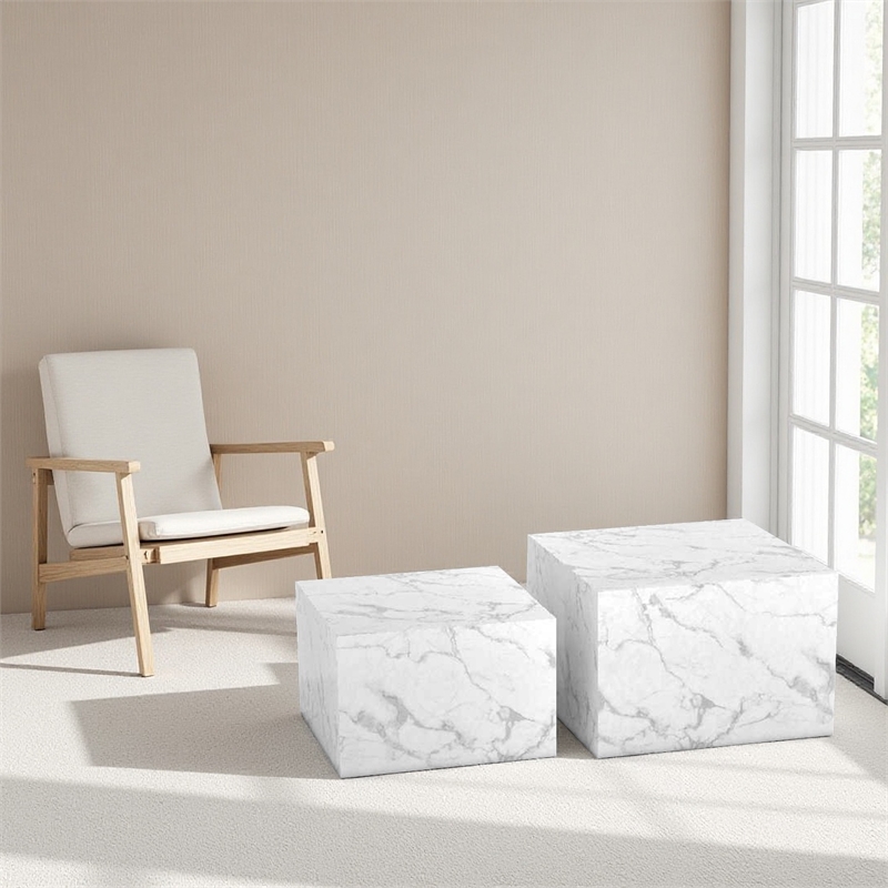 Caffoz Nesting Tables Set of 2-White Faux Marble-Engineered Wood-No Assembly