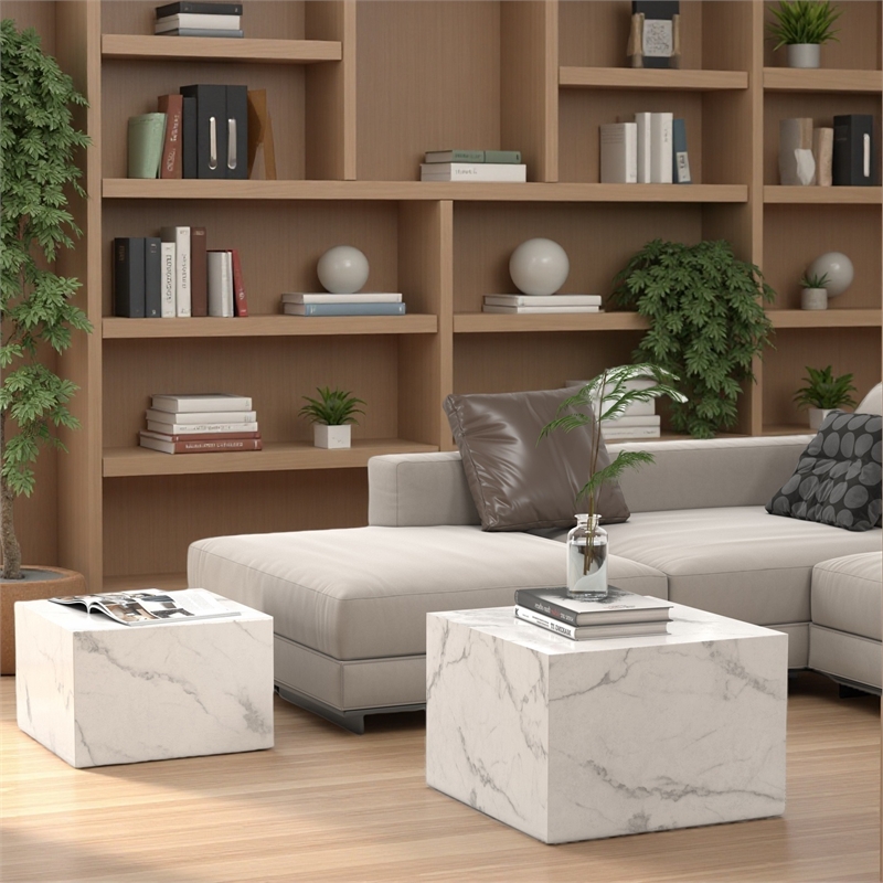 Caffoz Nesting Tables Set of 2-White Faux Marble-Engineered Wood-No Assembly