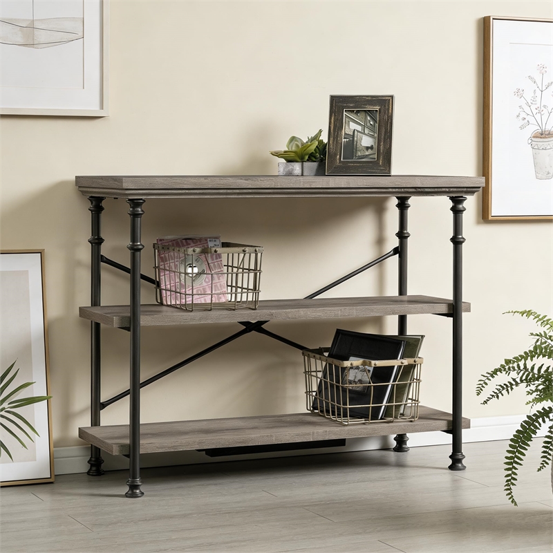 Industrial 3 Tier Console Table Mystic Oak Metal Frame Multi Storage