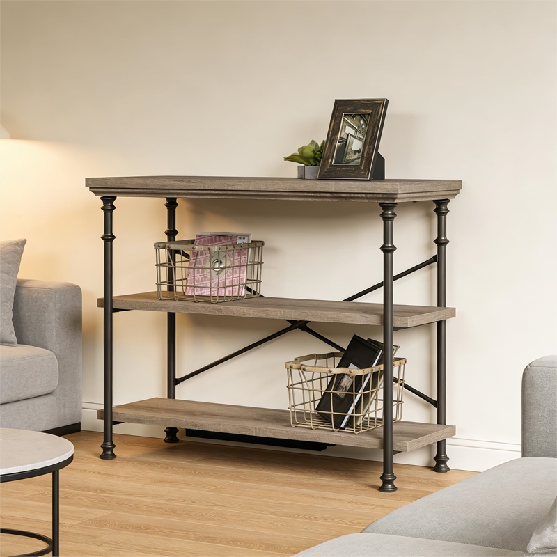 Industrial 3 Tier Console Table Mystic Oak Metal Frame Multi Storage