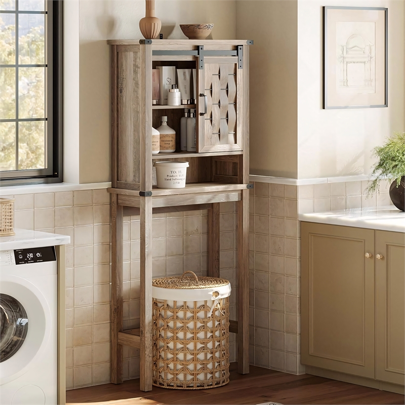 Farmhouse Sliding Door Wall Cabinet Light Brown Wood Organizer