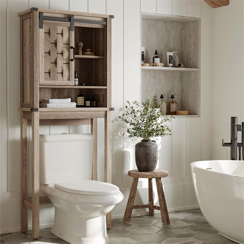 Farmhouse Sliding Door Wall Cabinet Light Brown Wood Organizer