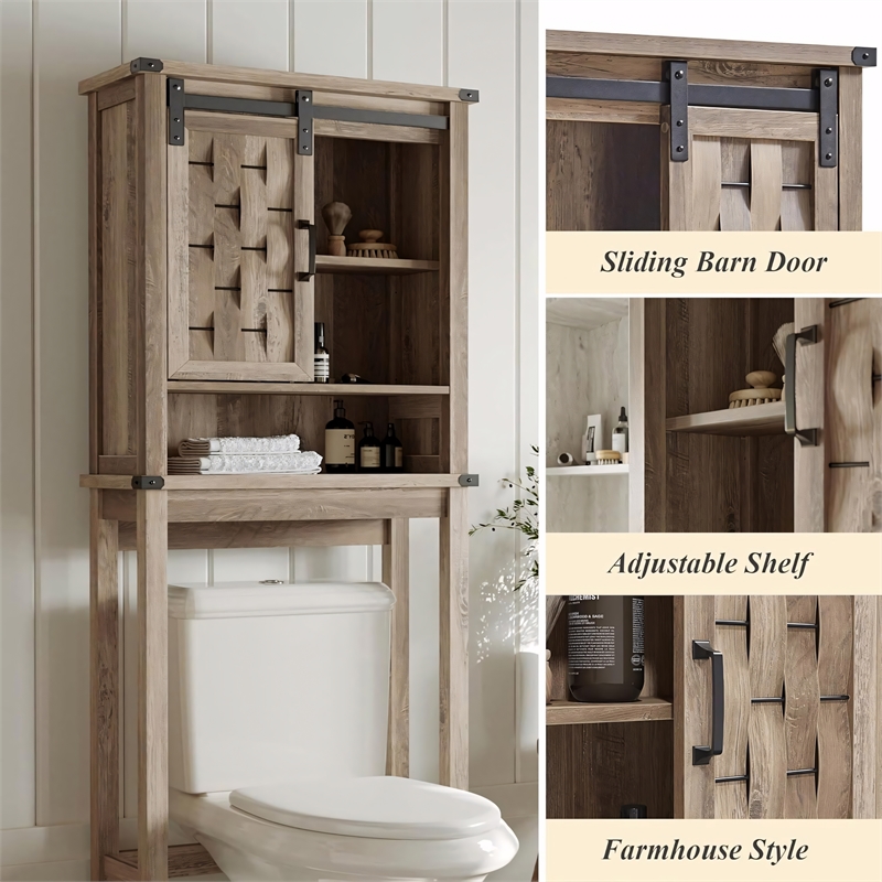 Farmhouse Sliding Door Wall Cabinet Light Brown Wood Organizer