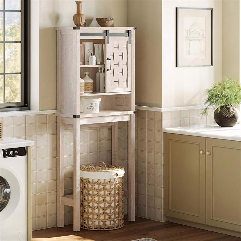 Farmhouse Sliding Door Wall Cabinet Light Gray Wood Organizer