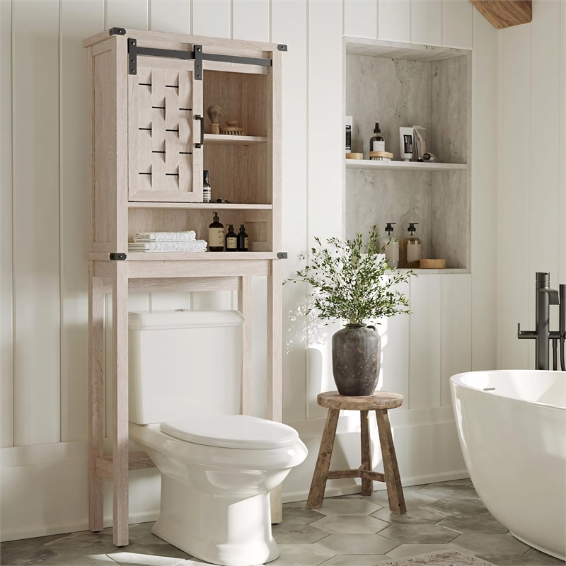 Farmhouse Sliding Door Wall Cabinet Light Gray Wood Organizer