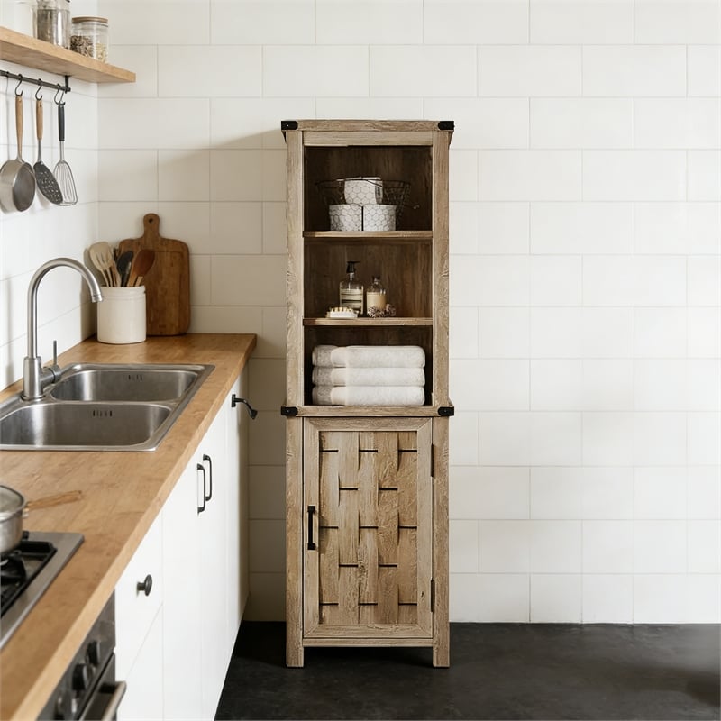 Narrow Farmhouse Cabinet Light Brown Corner Adjustable Shelves Door