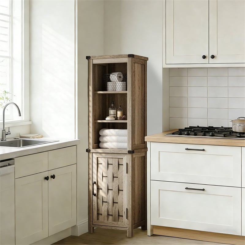 Narrow Farmhouse Cabinet Light Brown Corner Adjustable Shelves Door