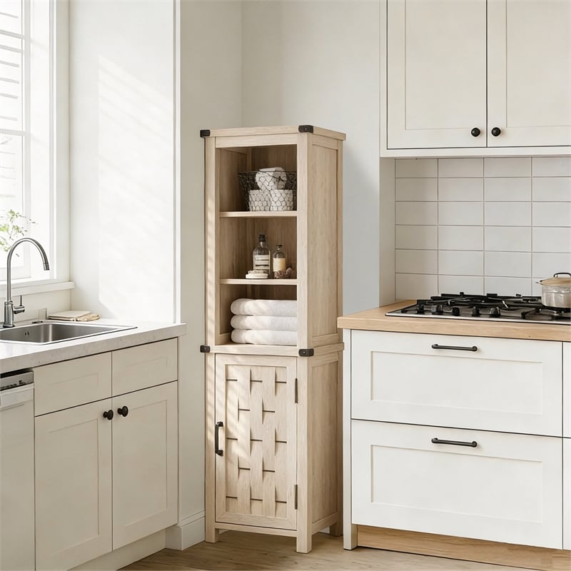 Narrow Farmhouse Cabinet Light Gray Corner Adjustable Shelves Door