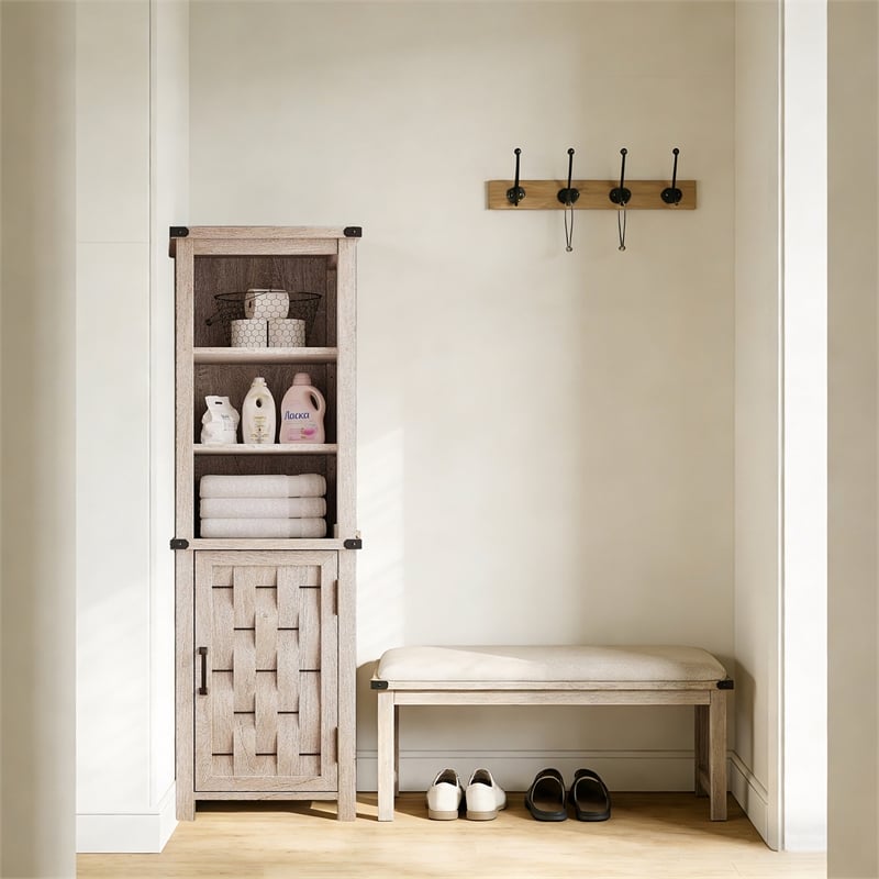 Narrow Farmhouse Cabinet Light Gray Corner Adjustable Shelves Door
